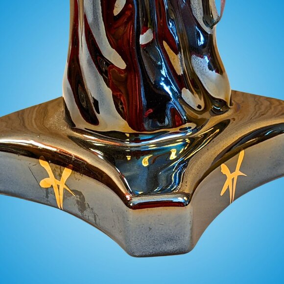 Tall mid-century Hollywood Regency lusterware Chinese pink black gold statuette - Picture 15 of 16